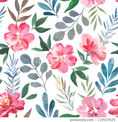Modern watercolor seamless pattern with cute colorful red and pink rose flowers. Hand-drawn artistic illustration. Modern watercolor seamless pattern with cute colorful red and pink rose flowers. Hand-drawn artistic illustration. 119537629