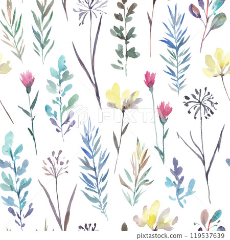 Watercolor pattern with meadow flowers. Delicate romantic floral ornament in pastel colors. 119537639