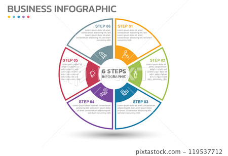 Visual data presentation. Cycle diagram with 6 options. Pie Chart Circle thin line infographic template with 6 steps, options, parts, segments. Business concept. Marketing infographic vector 119537712