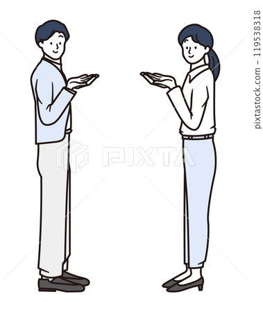 A simple full-body illustration of a female and male business person offering guidance by holding out their hand 119538318