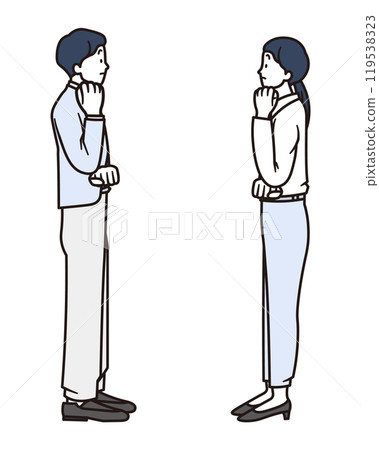A simple full-body illustration of a female and male business person thinking with their arms folded A simple full-body illustration of a female and male business person thinking with their arms folded 119538323