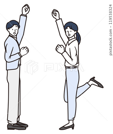 Illustration material of a man and woman business people in suits smiling and raising their fist 119538324