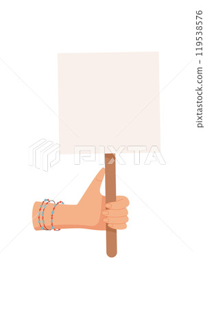 Human hand holds banner, human hold revolution sign, people raise support board, person parade demonstration signboard, woman holds empowerment poster, right activist show up protest placard, 119538576