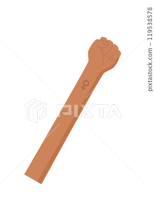 Human fist fight symbol, person holding protest sign, man holds revolution arm, woman hold solidarity symbol, human show up strength gesture, right activist raise support fist, 119538578