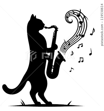 Silhouette of a cat playing the saxophone 119538614