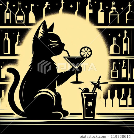 Illustration of a cat drinking a cocktail 119538615