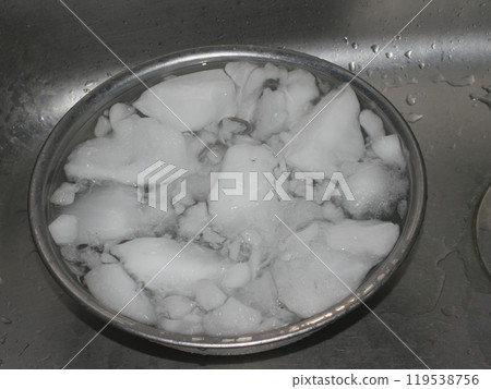 水槽中不銹鋼碗中的渾濁冰 119538756