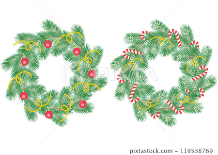 Christmas wreath Pine twigs decorated candy canes, snowflakes and streamers. New Year Circle Frames Christmas wreath Pine twigs decorated candy canes, snowflakes and streamers. New Year Circle Frames 119538769