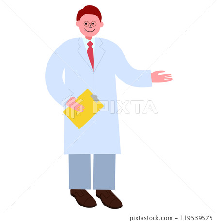 一名身穿白大褂、戴著眼鏡、繫著領帶的男子手持活頁夾（文件）並引導該人的全身插圖。 119539575