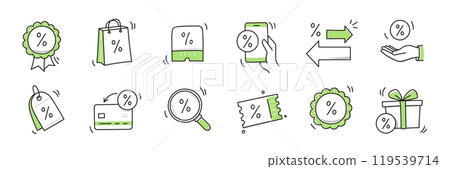 Doodle discount sale icon set. Discount percent, shop sale coupon hand drawn sketch line pen stroke style icon. Special price offer deal sketch doodle drawn collection. Vector 119539714