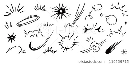 Comic cartoon boom speed effect, explosive motion line element set. Comic boom burst, explosive smoke, line speed cartoon vector icon. Hand drawn sketch doodle action effect. Vector Comic cartoon boom speed effect, explosive motion line element set. Comic boom burst, explosive smoke, line speed cartoon vector icon. Hand drawn sketch doodle action effect. Vector 119539715