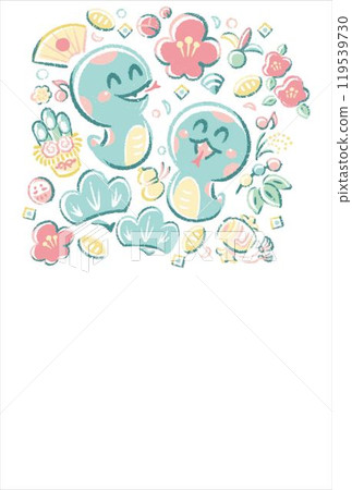 New Year 2025 New Year's card Postcard template Frame Year of the snake Snake Hand-drawn Snake Cute Japanese pattern Illustration 119539730