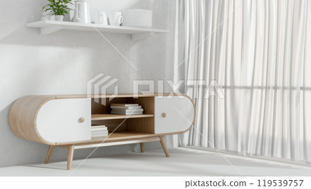 A minimalist wooden cabinet by the window with a sheer curtain in a white room. A minimalist wooden cabinet by the window with a sheer curtain in a white room. 119539757