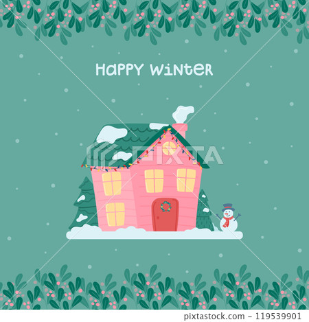 Happy winter. Cute Christmas and winter house. Decorated house on the background of the falling snow, fir trees and a snowman. Vector illustration in a flat style. 119539901