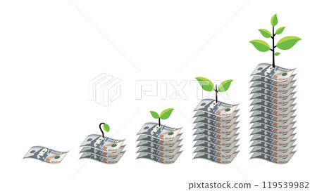A stack of new 100 dollar bills growing with compound interest and a growing leaf, no border 119539982