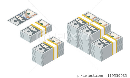 New 100 dollar bills and stack of bills, with no border 119539983