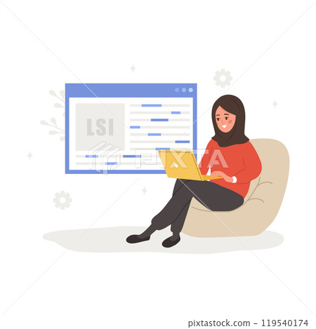 Lsi keyword. Latent Semantic Indexing. Key phrases generator. Vector illustration in flat cartoon style. Arabian female character with laptop is engaged in Web analysis and word search optimization 119540174