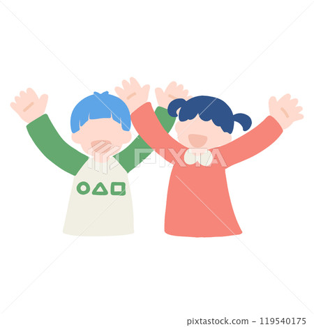 A flat illustration of a friendly pair of children [male and female] cheering happily 119540175