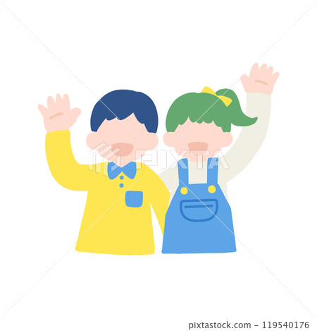 A flat illustration of a friendly pair of children [male and female] standing side by side and waving 119540176