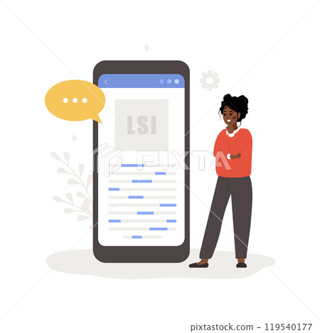 Lsi keyword service. Latent Semantic Indexing. Search engine marketing. Vector illustration in flat cartoon style. African female character is engaged in Web analysis and word search optimization 119540177