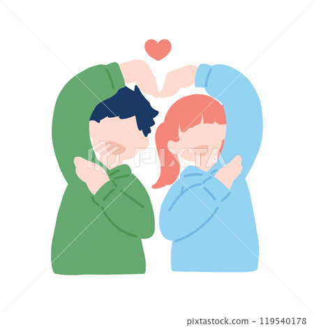 A flat illustration of a friendly pair [man and woman] making a heart with their upper bodies 119540178