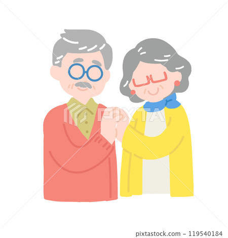 A flat illustration of a senior couple [man and woman] clasping their fingers together in front of each other 119540184