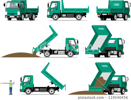 Full angle of a green dump truck 119540456