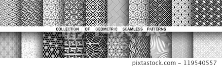 Geometric set of seamless black and white patterns. Simple vector graphics. Geometric set of seamless black and white patterns. Simple vector graphics. 119540557