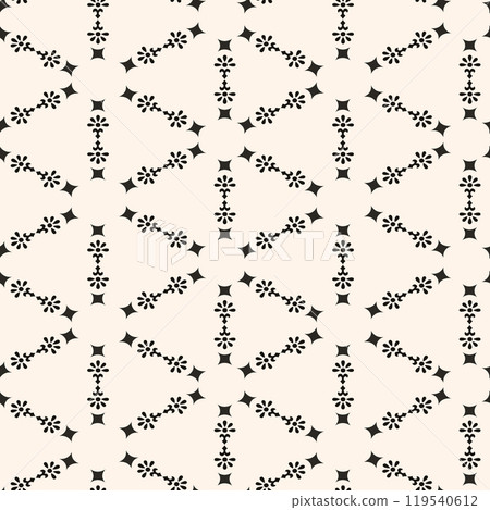 Simple minimalist floral pattern. Minimal seamless texture with small flower shapes. Abstract black and white geometric background. For print, package 119540612