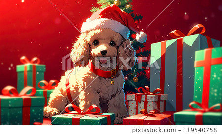 Cartoon poodle dressed as Santa Claus and a Christmas tree Cartoon poodle dressed as Santa Claus and a Christmas tree 119540758