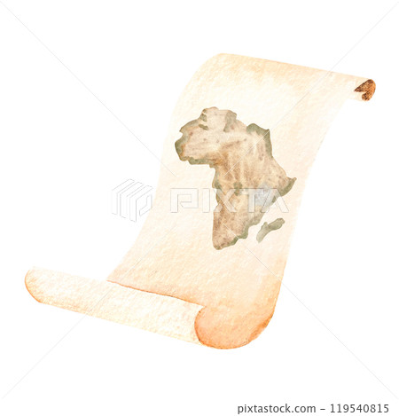 A parchment, with Africa map watercolor composition isolated on white. Hand drawn high quality simple style art for stationary, stickers, cards, notebooks, diary decor and design. Antique clip art A parchment, with Africa map watercolor composition isolated on white. Hand drawn high quality simple style art for stationary, stickers, cards, notebooks, diary decor and design. Antique clip art 119540815