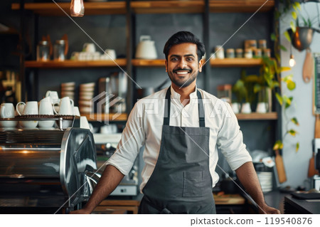 Friendly barista smiling behind coffee machine in modern cafe setting 119540876