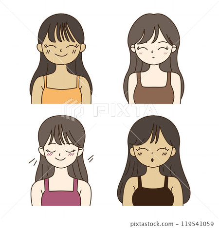 Collection of Long Haired Beautiful Girl Cartoon Character with Smiling Expression 119541059