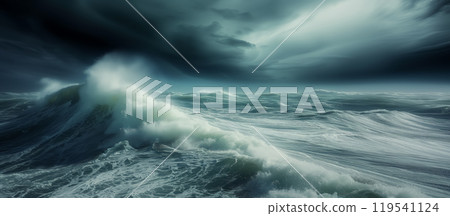 Dark stormy sea with towering waves and clouds. 119541124