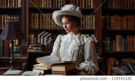Vintage-styled lady reading in a library. Vintage-styled lady reading in a library. 119541185