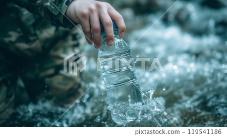 Hand refilling water bottle from a stream. Hand refilling water bottle from a stream. 119541186