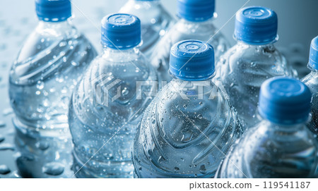 Plastic water bottles with condensation droplets. Plastic water bottles with condensation droplets. 119541187