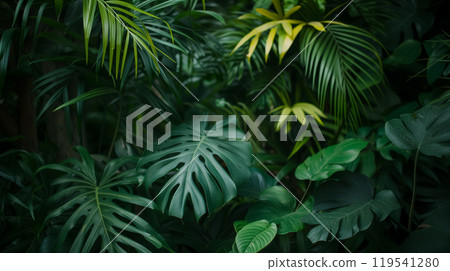 Dense tropical leaves in a lush setting. 119541280