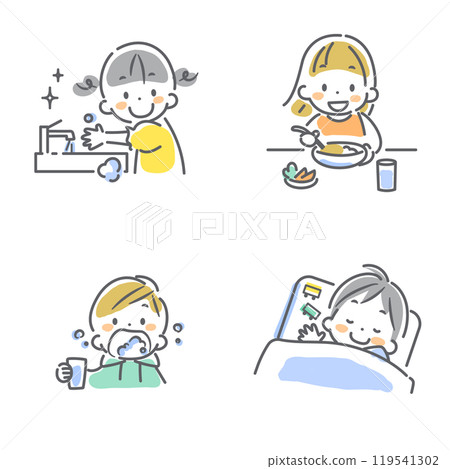 Children's infectious disease prevention set: Colorful and cute line drawing illustrations Children's infectious disease prevention set: Colorful and cute line drawing illustrations 119541302