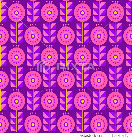 Vibrant geometric floral design features pink flowers beautifully against a stunning purple background 119541662