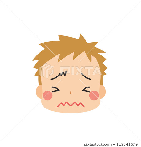 一個可愛的小男孩的表情符號插圖，表情困惑，臉上有白色背景向量 119541679
