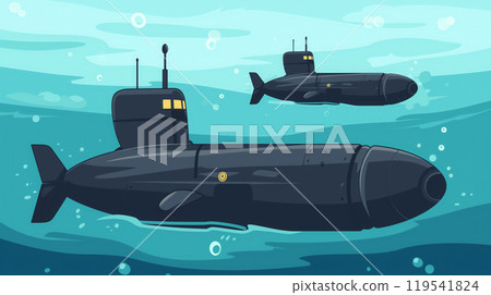 Two submarines underwater, cartoon style illustration. 119541824
