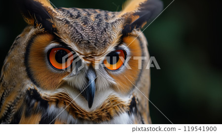 Intense owl gaze with striking orange eyes. 119541900