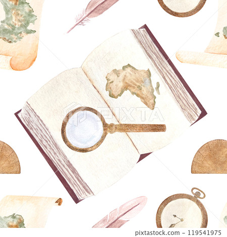 Hardcover open book with Afrika's map, magnifying glass, pocket watch, protractor watercolor seamless pattern isolated on white. Hand painted for bookstore, geography vintage design, wrapping paper 119541975