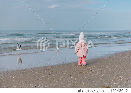 Little child girl walking to birds on ocean beach. Winter holidays concept. 119542042