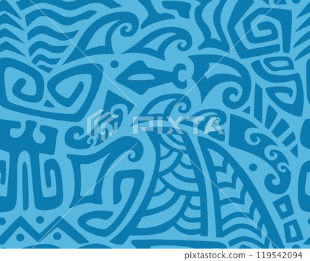 Polynesian motifs. Tiki seamless pattern. Aztec textile print.Geometric, vector background. Suitable for printing on fabric and paper, for parties.  119542094