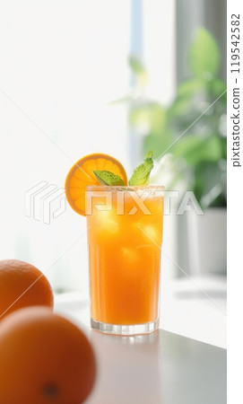 Glass of homemade orange juice on the table. Generative AI 119542582