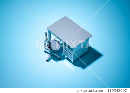 淺藍色背景微型辦公桌椅的簡單佈置 淺藍色背景微型辦公桌椅的簡單佈置 119542697