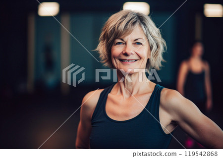 Portrait of smiling senior woman standing in crossfit class at gym. Selective Focus 119542868
