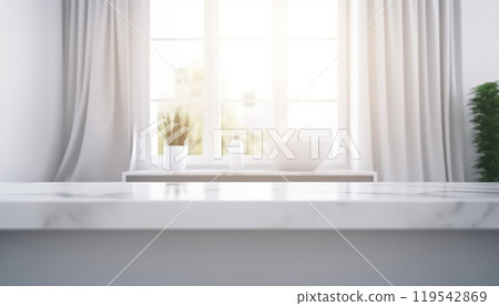 Empty white countertop with blurred bathroom background. Generative AI 119542869